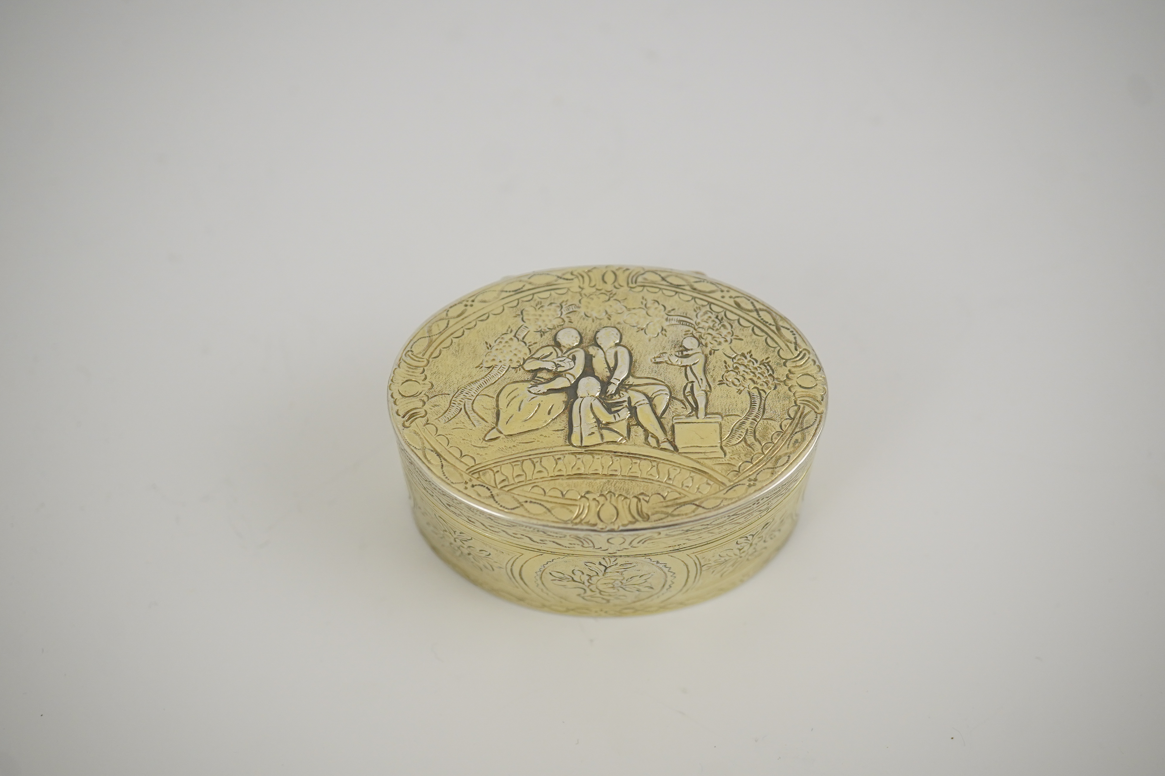 A 19th century Continental silver gilt oval snuff box